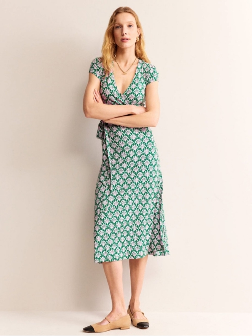 Green Patterned Wrap Midi Dress - Women